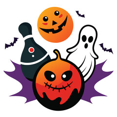 Halloween bowling with pumpkin and ghost isolated on white background holiday vector illustration