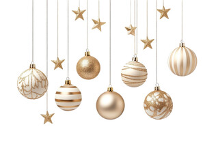 Elegant Christmas ornaments and stars hanging on black background.