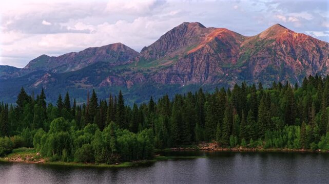Lost Lake camping summer sunset Kebler Pass Crested Butte Paonia aerial drone Colorado Ruby Peak Rocky Mountains landscape view Irwin Lake Ohio Pass Aspen Trees Forest Sawatch Range parallax left