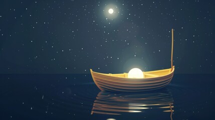 Silhouetted Small Boat on Rippled Water Surface Under Starry Night Sky, with Circular Light Aperture, Soft Reflection & Subtle Light and Shadow Against Deep Dark Color Background