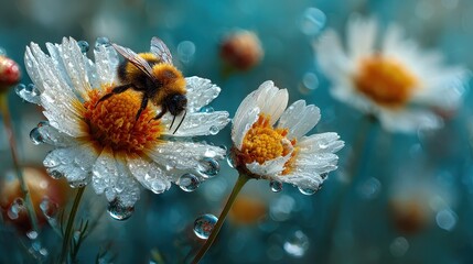 Honeybee collecting pollen on daisy flower covered with dewdrops at sunrise in a summer meadow garden environment