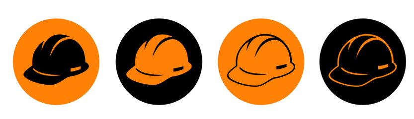 High quality vector icon set featuring construction hard hats in bold circular designs, alternating between orange and black backgrounds. Ideal for UI/UX design, infographics, mobile apps