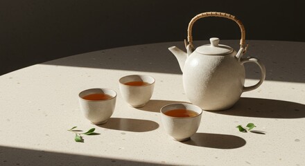 Elegant Tea Set with Teapot and Cups on a Light Background