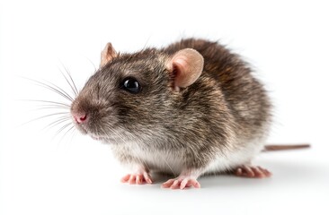A small, brown and white rat poses on a white background, looking alert with shiny eyes and whiskers. Fluffy fur texture