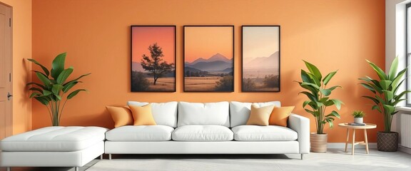 Modern living room gallery wall mockup with sofa, plants, and side table,  neutral,  artwork