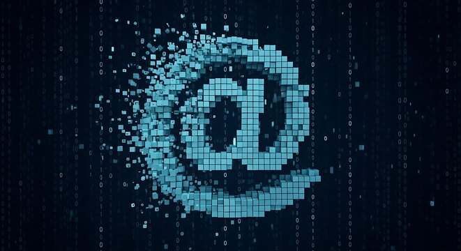 Dynamic digital communication symbol disintegrating into a mosaic of data pixels, illustrating the flow and transformation of information in the online world