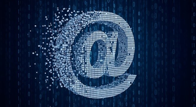 Dynamic pixelated @ symbol representing digital communication and data flow, illustrating the intricate nature of information exchange and technological advancements