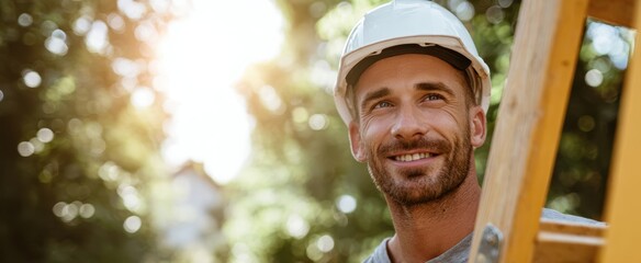 The smiling construction worker standing proudly next to a ladder in sunlight.