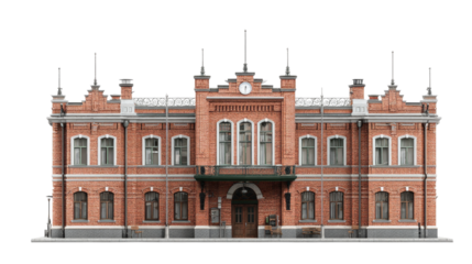 Photorealistic Brick Railway Station Building with Clock Isolated on Black