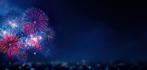 The vibrant fireworks display illuminating the night sky over a city skyline.