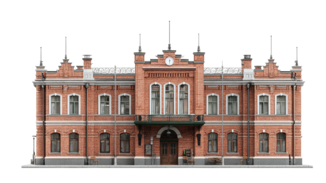 Photorealistic Brick Railway Station Building with Clock Isolated on Black