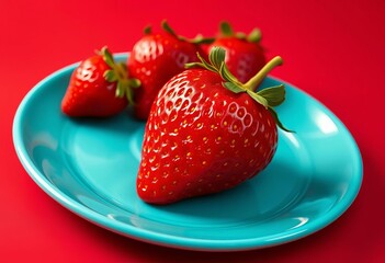 Juicy strawberry glows on turquoise plate against vibrant red background, single, plate