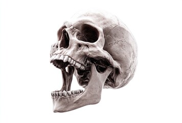 Obraz premium A stark, realistic 3D rendering shows a human skull with an open jaw against a clean white background. The skull is off-white with anatomical detail visible