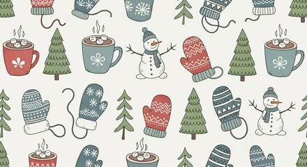 Winter Seamless Pattern. Cute pattern with snowmen, mittens, hot cocoa, and trees