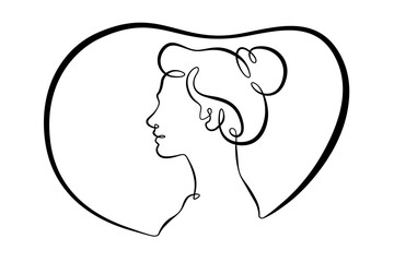 Continuous one line drawing female profile. Portrait of a woman. Ink line. Line art.One continuous line isolated illustration.Not AI.