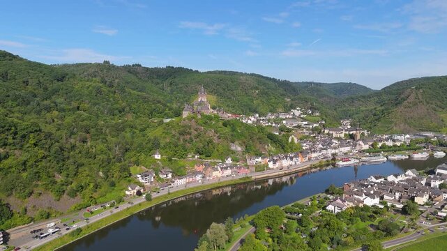 Cochem imperial castle, hilltop landmark on mountain, Moselle Valley, aerial view mosel river, Germany, middle age gothic monument, history 