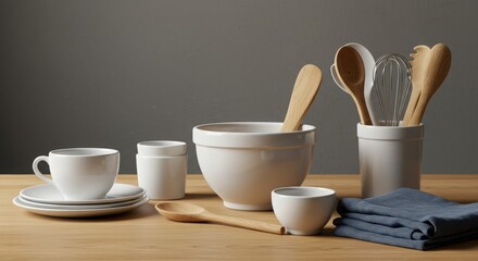 Simple Kitchenware Arrangement with Wooden Utensils on Table