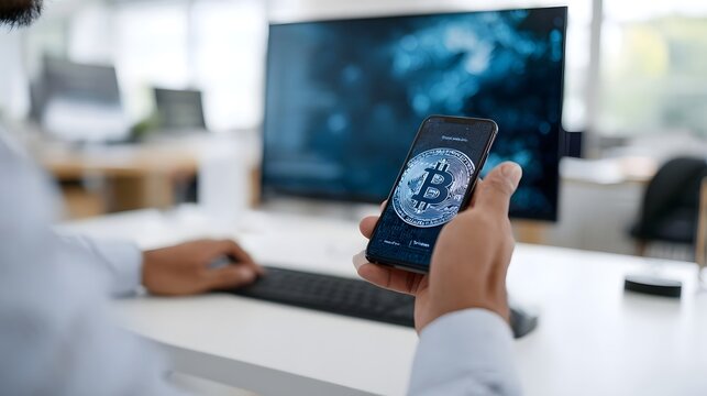 Person examining cryptocurrency on a mobile phone in a modern office