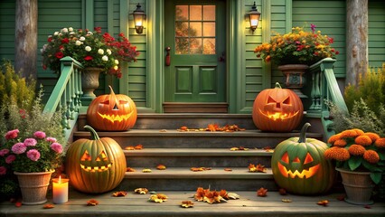 Halloween pumpkins on wooden planks under a full moon