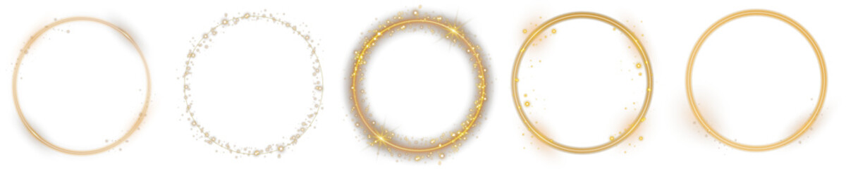 Golden sparkle ring. Vector shining circle frame with glitter dust, glowing halo aura and bright light particles. Luxury gold glowing border isolated on transparent background for design use.