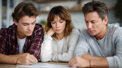 Family discussing household budget and finances at the table with concerned expressions
