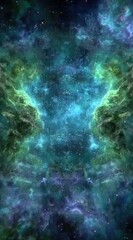 Fototapeta premium Ethereal, symmetrical display of vibrant nebula formations with swirling hues of turquoise, emerald, and indigo create a cosmic, dreamlike visual effect