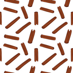 Seamless pattern with cinnamon stick in brown flat style. Perfect for spice decor, kitchen background, package and herbal production.