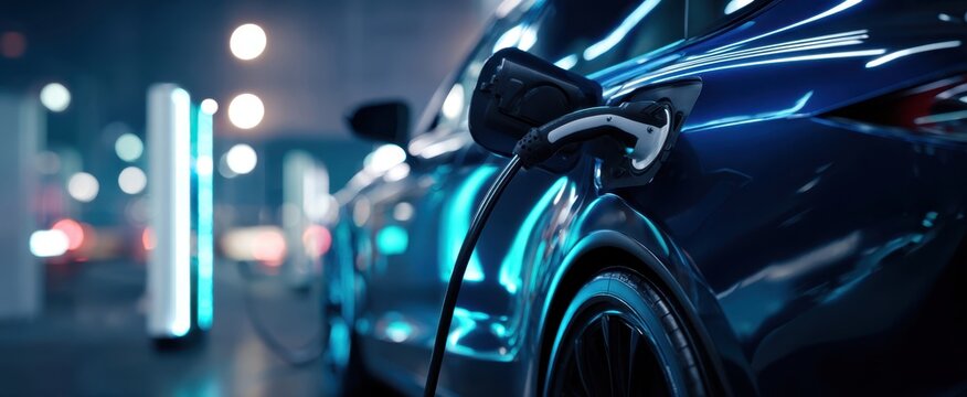 The electric car charging at a futuristic urban station during nighttime. - Powered by Adobe