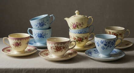 Fototapeta premium Vintage tea cups and saucers stacked on a table with floral patterns