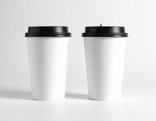 Two Blank White Paper Coffee Cups with Black Lids on a White Background
