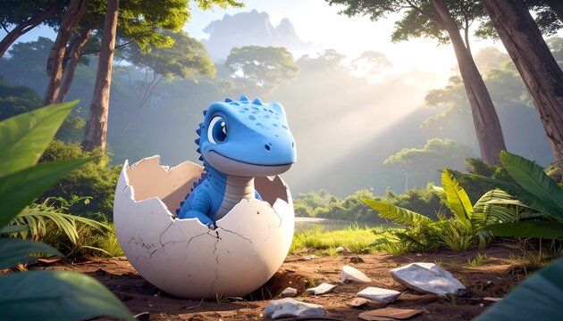 Baby dinosaur hatching in egg, jungle setting