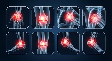 Detailed medical illustration depicting common human joint pain and inflammation, showcasing areas of discomfort in major anatomical regions like wrists, knees, shoulders, and ankles