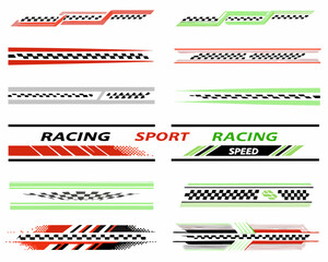 Collection of racing and sport decal designs with checkered flags