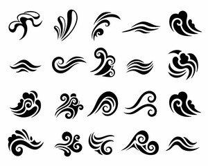 Collection of black and white swirling wave and water element icons