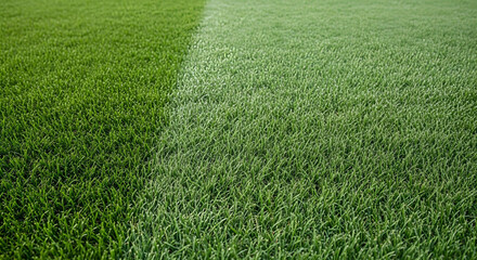 Overhead close-up of lush green football field grass with striped pattern.