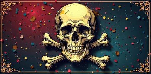 Intricate line art skull & crossbones, vintage style, dark, isolated