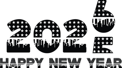 Creative Happy New Year 2026 vector design featuring bold typography with stars and city skyline elements. Perfect for festive greeting cards, posters, banners, and digital celebrations.