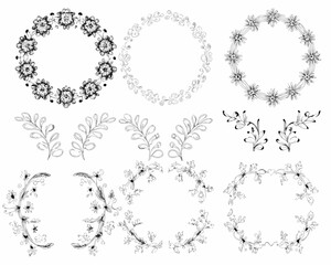 Collection of hand drawn floral wreaths and botanical elements