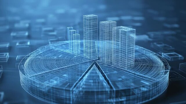 Futuristic pie chart showing growing buildings representing market share