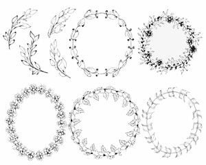 Collection of hand drawn floral wreaths and botanical elements