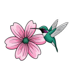 Naklejka premium Vibrant Green Hummingbird Hovering Near Pink Flower Illustration.