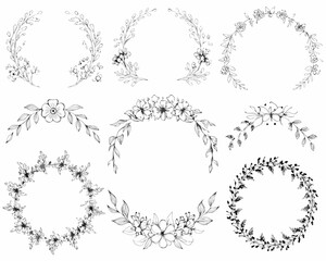 Collection of hand drawn floral wreaths and flourishes in black and white