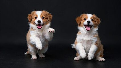 A studio portrait of two puppies. The puppies are set against a dark, almost black background, which contrasts sharply with its white and brown fur.
