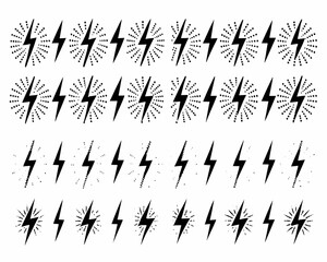 Collection of black lightning bolt icons and symbols on white background