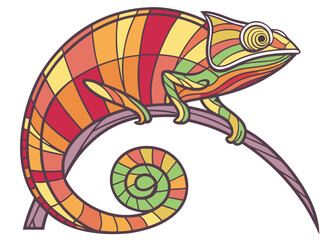 Colorful mosaic chameleon perched on a branch with a curled tail