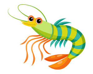 Cute cartoon shrimp with green and blue stripes and orange legs