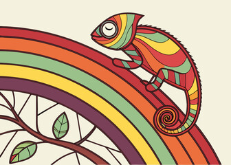 Colorful chameleon climbing on a rainbow arc with tree branches