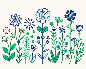 Whimsical hand drawn floral illustration with blue green and orange flowers