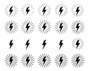 Collection of black lightning bolt icons with radiating dots on a white background