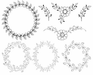 Collection of hand drawn floral wreaths and decorative elements